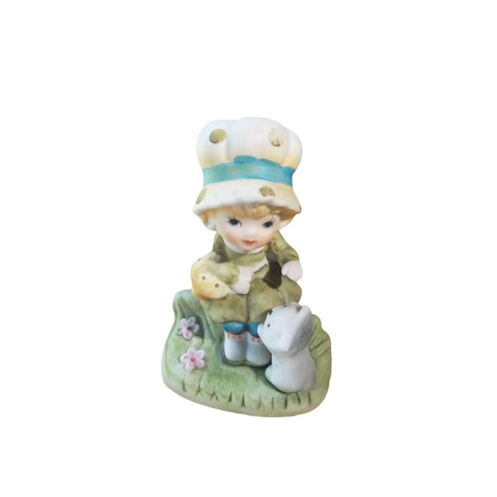 Vintage Girl With cat cermanic Figurine Knick Knack kitty bonnet spring child